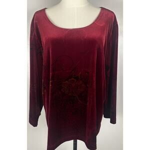 Burgundy Velvet Shirt, Long Sleeve scoop Neck Floral Holiday  XL